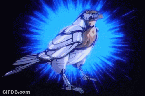 A Robotic Bird Is Surrounded By Blue Light Rays GIF