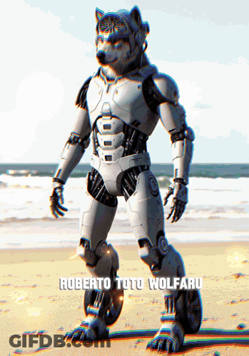 A Robotic Wolf Standing On The Beach With The Name Roberto Toto Wolfaru Below It GIF