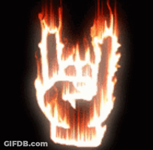 A Rock And Roll Sign Is On Fire With A Black Background GIF