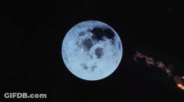 A Rocket Is Flying Past A Full Moon In Space . GIF