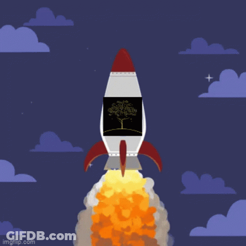 A Rocket With A Picture Of A Tree On It Is Taking Off GIF