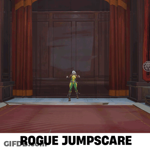 A Rogue Jumpscare Poster With A Woman In A Brown Jacket GIF