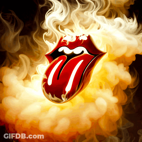 A Rolling Stones Logo Is Surrounded By Smoke And Flames GIF