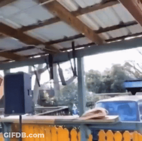 A Roof With A Few Pieces Of Wood Hanging From It And A Table With Bottles Of Orange Juice On It . GIF