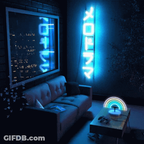 A Room With A Couch And A Neon Sign That Says " Xerox " GIF