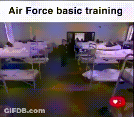 A Room With A Lot Of Beds And Chairs And The Words Air Force Basic Training On The Top GIF