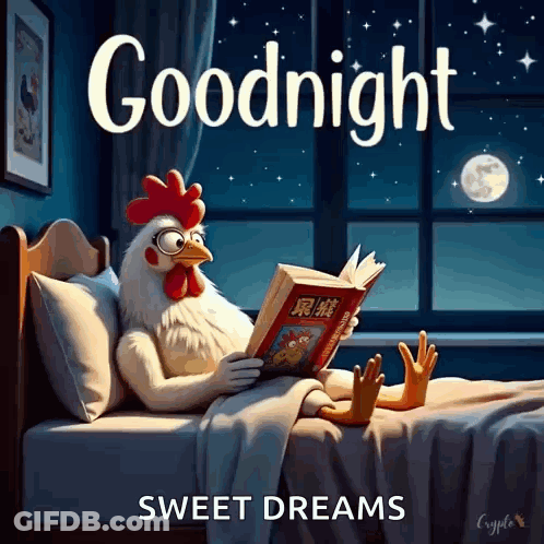 A Rooster Is Reading A Book While Sitting On A Bed . GIF