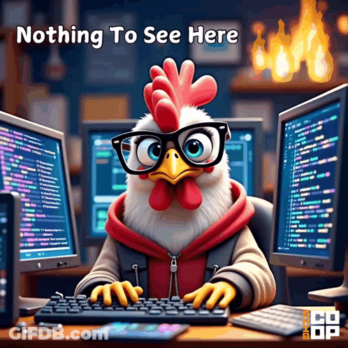 A Rooster Wearing Glasses Is Typing On A Keyboard With The Words Nothing To See Here Below It GIF