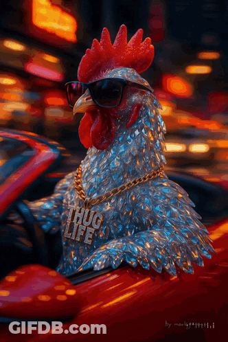 A Rooster Wearing Sunglasses And A Thug Life Necklace Is Driving A Red Car GIF