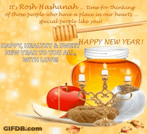 A Rosh Hashanah Card With A Jar Of Honey Candles And Apples GIF
