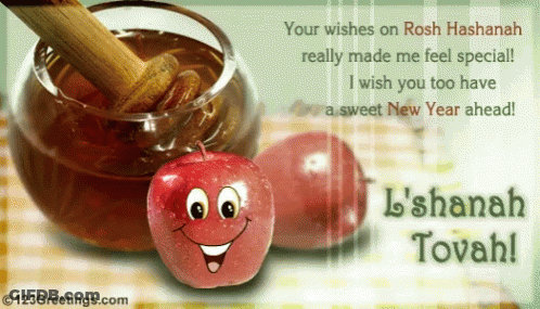 A Rosh Hashanah Card With A Smiling Apple And A Bowl Of Honey GIF