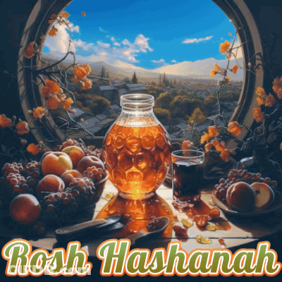 A Rosh Hashanah Greeting Card With A Picture Of Fruit And A Bottle Of Honey GIF
