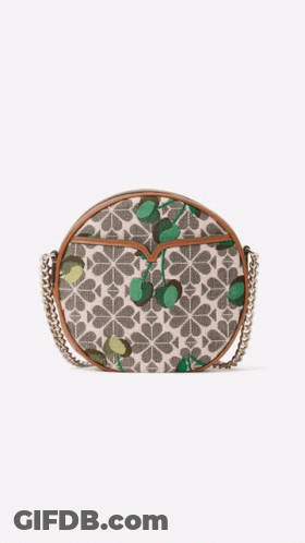 A Round Purse With A Chain And A Pattern Of Cherries On It GIF