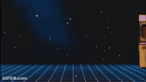 A Row Of Arcade Machines Including One That Says ' Space ' On It GIF