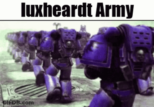 A Row Of Blue Robots Are Walking In A Line With The Words Luxheardt Army Written On The Bottom . GIF