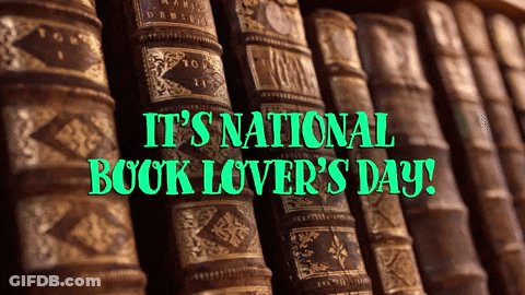 A Row Of Books With The Words It 'S National Book Lover 'S Day In Green GIF
