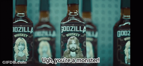 A Row Of Bottles Of Godzilla Whiskey Are Lined Up GIF