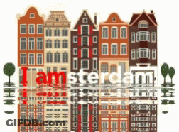 A Row Of Buildings With Amsterdam Written On The Bottom GIF