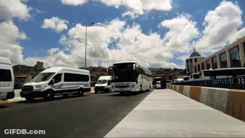 A Row Of Buses Are Parked On The Side Of A Road And One Of Them Has The Word Palmur On The Side GIF