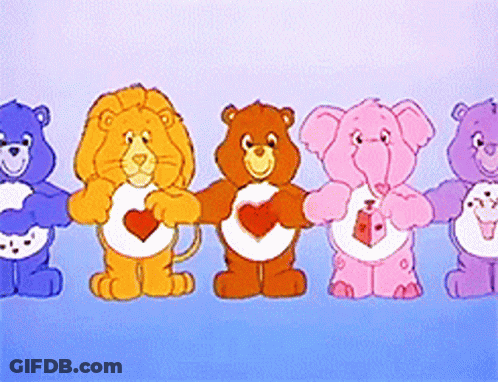 A Row Of Care Bears Are Standing Next To Each Other GIF