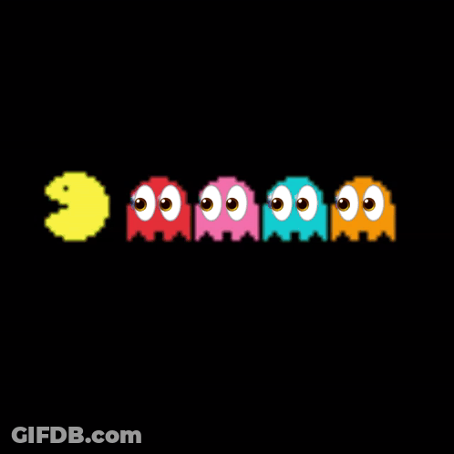 A Row Of Colorful Cartoon Ghosts With Big Eyes On A Black Background GIF