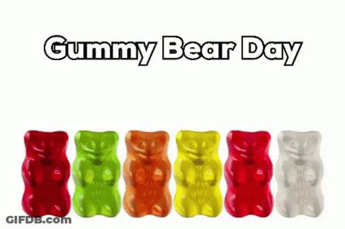 A Row Of Colorful Gummy Bears With The Words Gummy Bear Day Written Above Them GIF