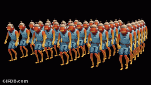 A Row Of Fish Heads Are Walking In A Line GIF