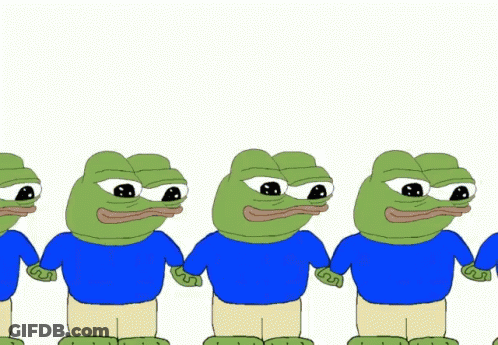 A Row Of Green Frogs Wearing Blue Shirts Are Standing Next To Each Other GIF