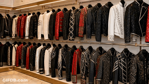 A Row Of Jackets Are Hanging On A Rack GIF