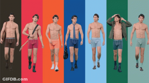 A Row Of Men Wearing Different Colored Underwear With The Word Boxer On Them GIF