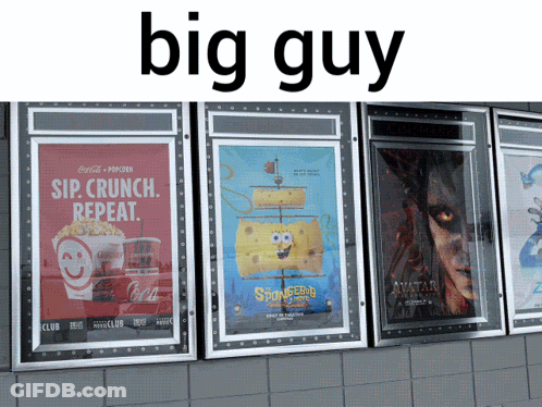 A Row Of Movie Posters Including Spongebob Squarepants Avatar And Coca-Cola Popcorn GIF