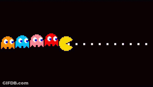 A Row Of Pac Man Ghosts Are Lined Up In A Line GIF