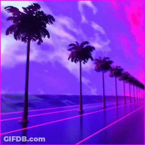 A Row Of Palm Trees Against A Purple And Pink Background GIF