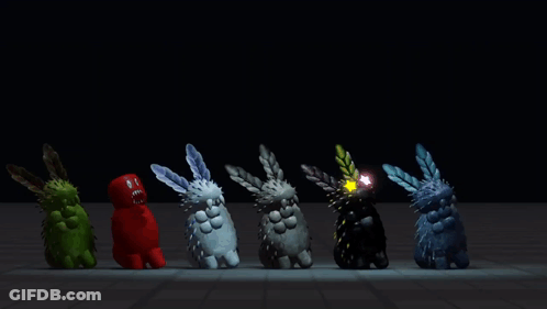A Row Of Rabbits In Different Colors Are Lined Up In A Dark Room GIF