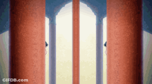 A Row Of Red Columns With A Blue Archway GIF