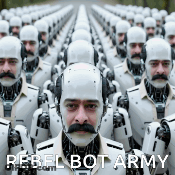 A Row Of Robot Soldiers With The Words Rebel Bot Army Written On The Bottom GIF