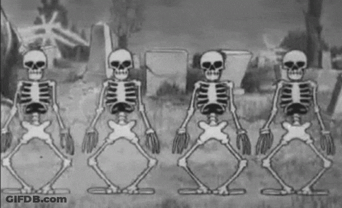 A Row Of Skeletons Are Dancing In A Cemetery In A Black And White Cartoon . GIF