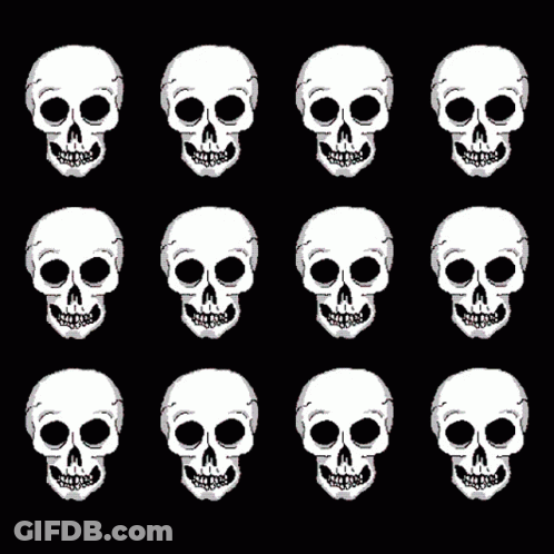 A Row Of Skulls With Pink Tongues Sticking Out On A Black Background GIF