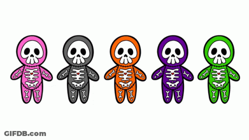 A Row Of Stuffed Skeletons With Different Colors GIF