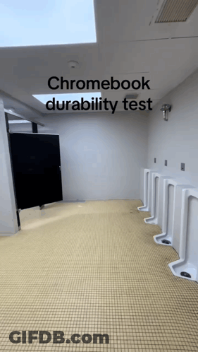A Row Of Urinals In A Bathroom With The Words Chromebook Durability Test At The Top GIF