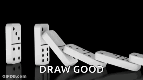 A Row Of White Dominoes Falling Down With The Words `` Draw Good '' Written In The Background . GIF