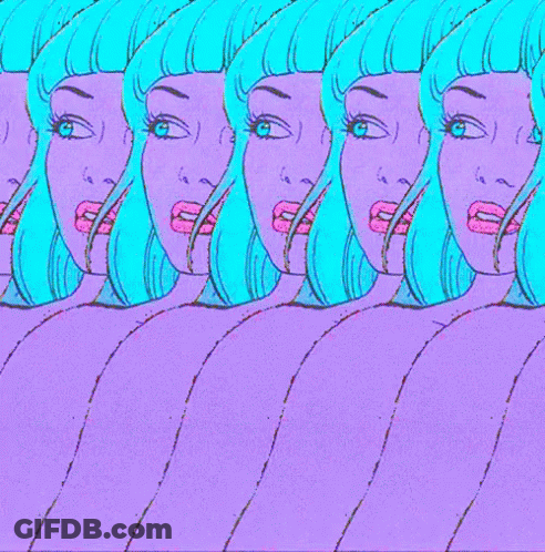 A Row Of Women With Blue Hair And Pink Lips GIF