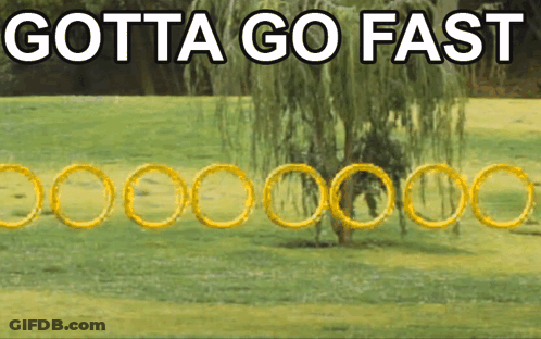 A Row Of Yellow Rings In A Field With The Words Gotta Go Fast Above Them GIF