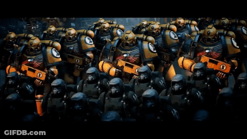 A Row Of Yellow Space Marines With The Number 3 On Their Chest GIF