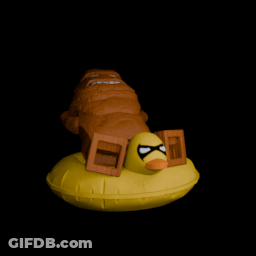A Rubber Duck With A Mask On Is Floating On A Raft GIF