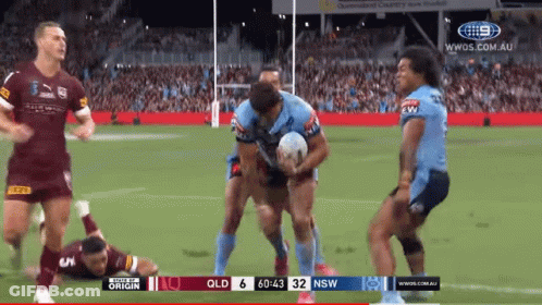 A Rugby Game Is Being Played Between Qld And Nsw And The Score Is 6 To 32 GIF
