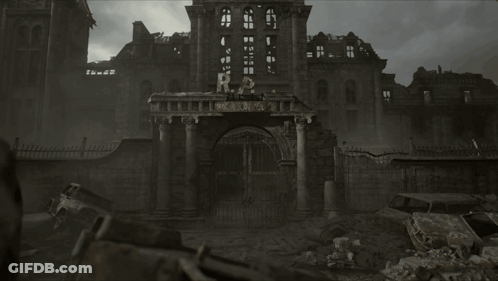 A Ruined Building With The Letter R On It GIF