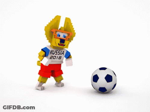 A Russia 2018 Mascot Kicks A Soccer Ball On A White Background GIF