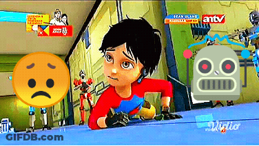 A Sad Face Is Next To A Boy In A Red Shirt GIF