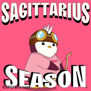 A Sagittarius Season Poster With A Penguin Wearing Goggles GIF